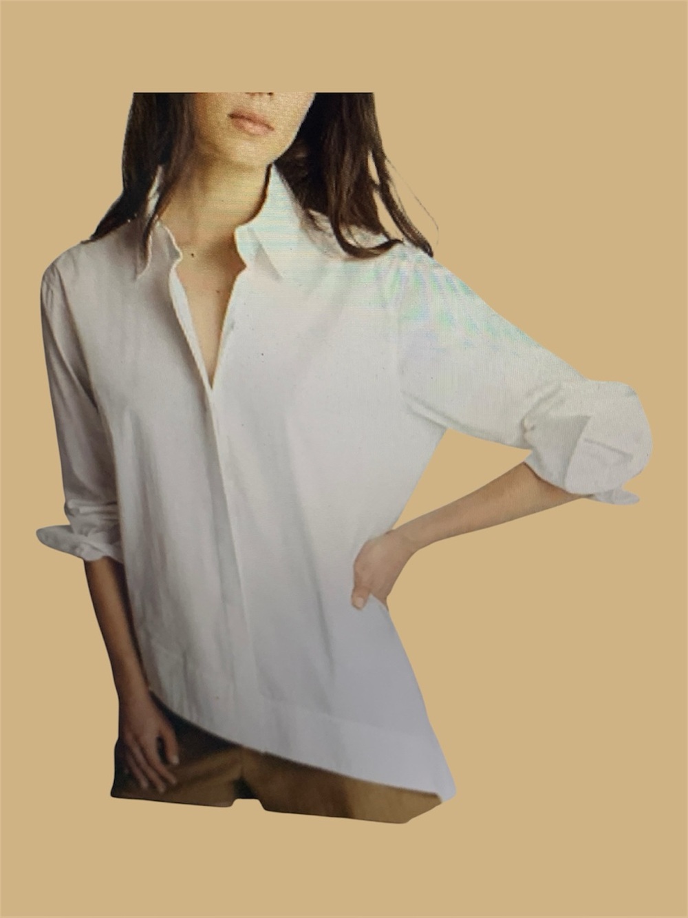 Classic White Button-Front Asymmetrical Hem-Collared Neckline- Long Sleeve